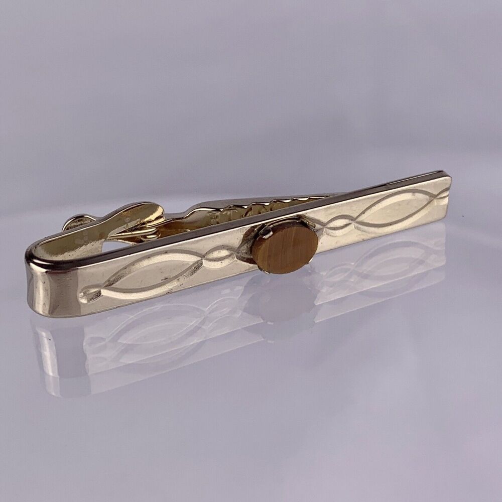 Dante Tigers Eye Gold Tone Tie Clip Bar Twist Loop Scroll Oval Vintage K1